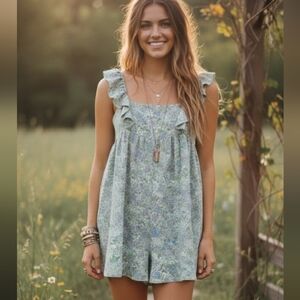 Molly Green Light Green Floral Print Ruffle Romper | Size Medium